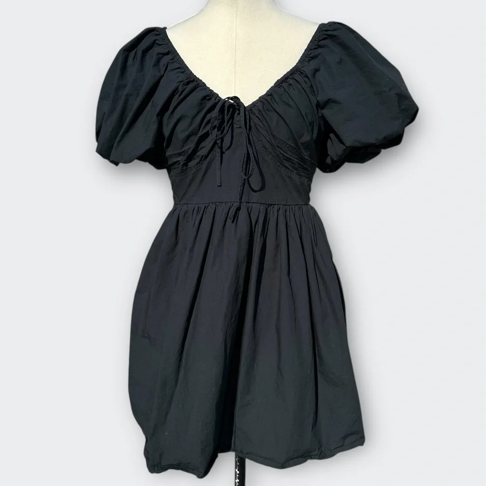 A NEW DAY Black Puff Sleeve Mini Dress Ruched Goth Whimsigoth Boho Coquette S - Picture 2 of 13